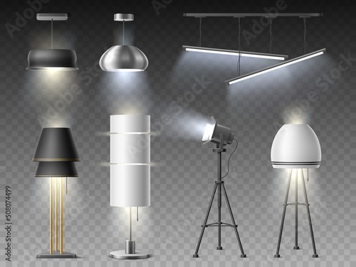 Realistic interior lamps. Different types room lights, chandeliers and floor lamps, illuminated home and studio interior elements, modern loft design, vector isolated set