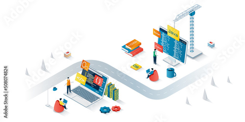 Programming company concept 3d isometric web banner. People developers create software and programs, coding and testing, optimize product. Vector illustration for landing page and web template design