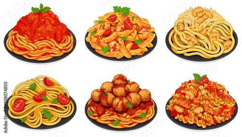 Italian pasta noodles set menu. Italian noodles food recipes collection. Vegan pasta spaghetti noodles menu close up illustration vector. (Mushroom, Penne, meatballs and Fusilli pasta) 