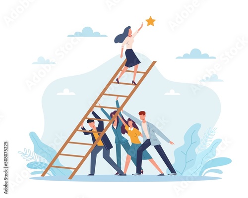 Support of friends and colleagues in achieving goal, realizing dreams. People hold ladder, woman takes out star, solving problems together, vector cartoon flat teamwork concept