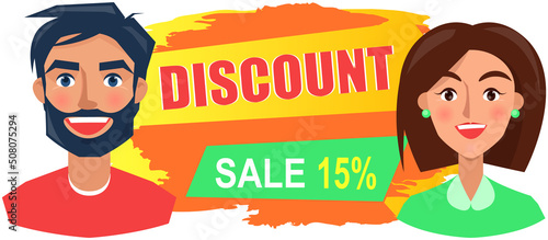 Sale banner with man and woman faces near advertising poster. Shopping time promotional style. People rejoice in discounts and big sale in store. Positive characters with emotion of happiness, joy
