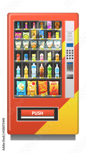 Vending machine with beverages and snack. Automatic food, sale of drinks, square appliance with panel and buttons, retail equipment realistic isolated element, vector illustration