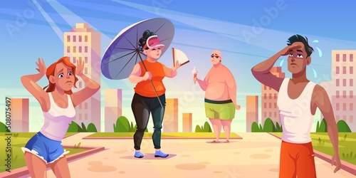 Weather heat outdoor. People in city park suffer from high temperatures, sweating person, hot sunny summer, shadow cooling, sun and heat stroke, male and female characters, vector concept