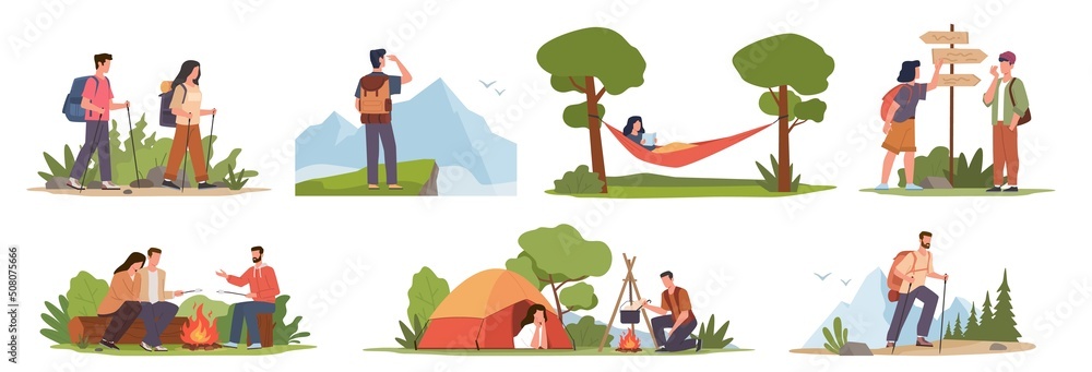 Cartoon hiking characters. Male and female tourists expedition, travelling on nature, people sitting by fire, resting in tent, explorers adventure, healthy lifestyle vector active hobby set - obrazy, fototapety, plakaty 