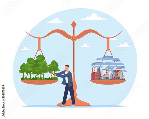 Balance of oxygen and carbon dioxide. Maintaining atmosphere, scale with forest on one side and plant on other, save the planet, global warming and climate control, vector ecology concept