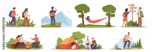 Cartoon hiking characters. Male and female tourists expedition, travelling on nature, people sitting by fire, resting in tent, explorers adventure, healthy lifestyle vector active hobby set