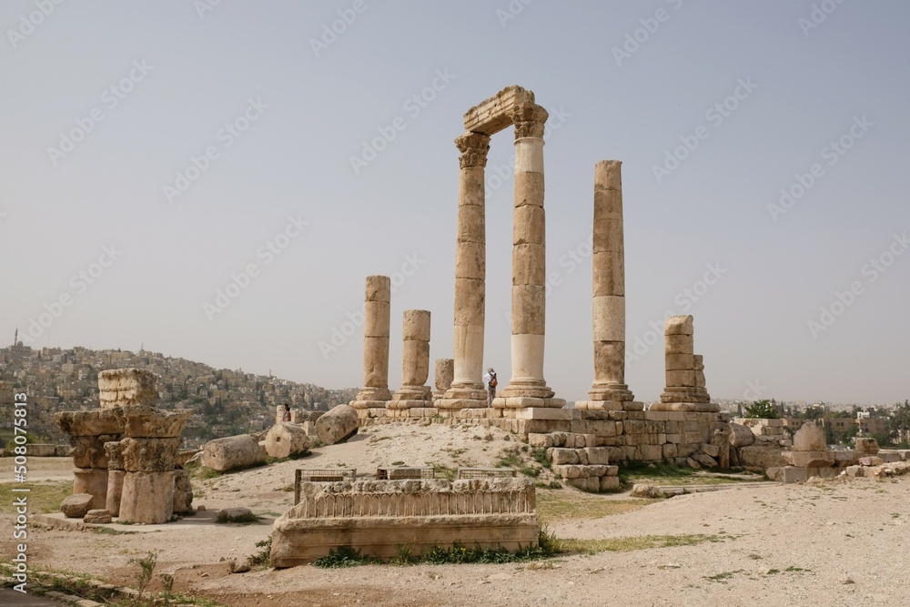 Ruins of Temple of Hercules  in Citadel Jebel Al Qala'a in Amman, Jordan