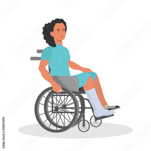 A girl in a wheelchair with a cast on her leg. Vector over white background.