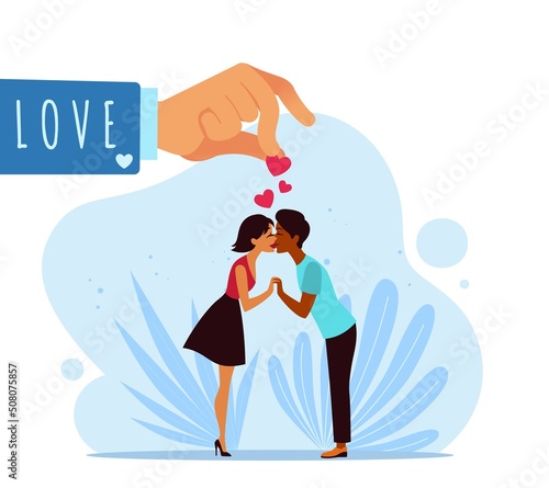 Click of love. Romantic outburst of feelings, man and woman kiss, first date, red hearts above, adult couple together, happy relationships, magic gesture of lover, vector isolated concept