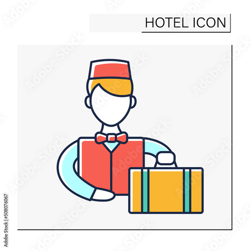 Bellboy color icon. Worker in hotel hall. Person employed to carry suitcases, open doors for guests. Services to help guests. Hotel concept. Isolated vector illustration