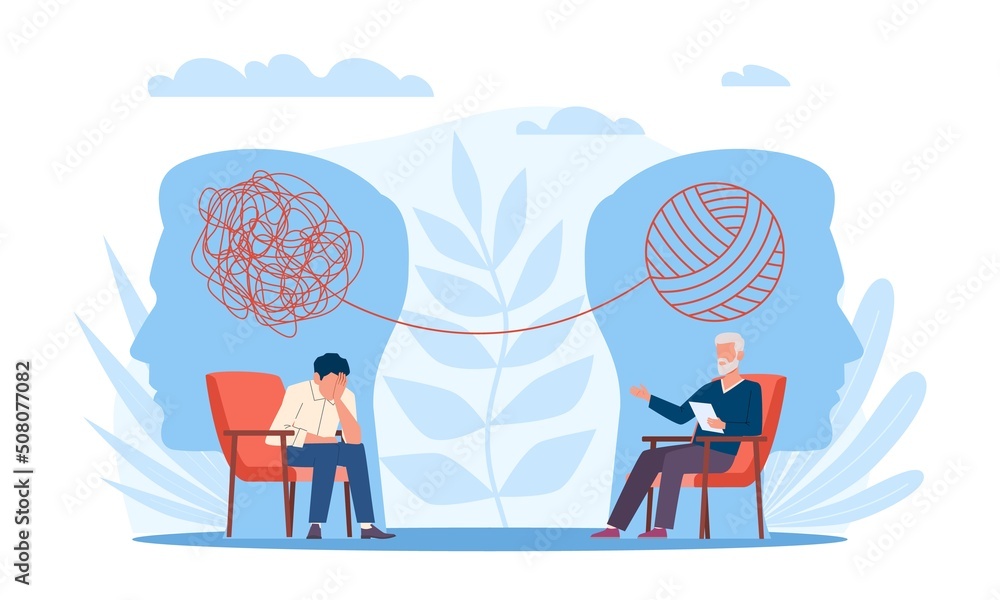 Psychotherapy. Man patient talks about his emotional problems to therapist, tangled lines above, depression treatment, psychological help, mental health vector cartoon flat style concept