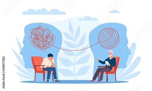 Psychotherapy. Man patient talks about his emotional problems to therapist, tangled lines above, depression treatment, psychological help, mental health vector cartoon flat style concept