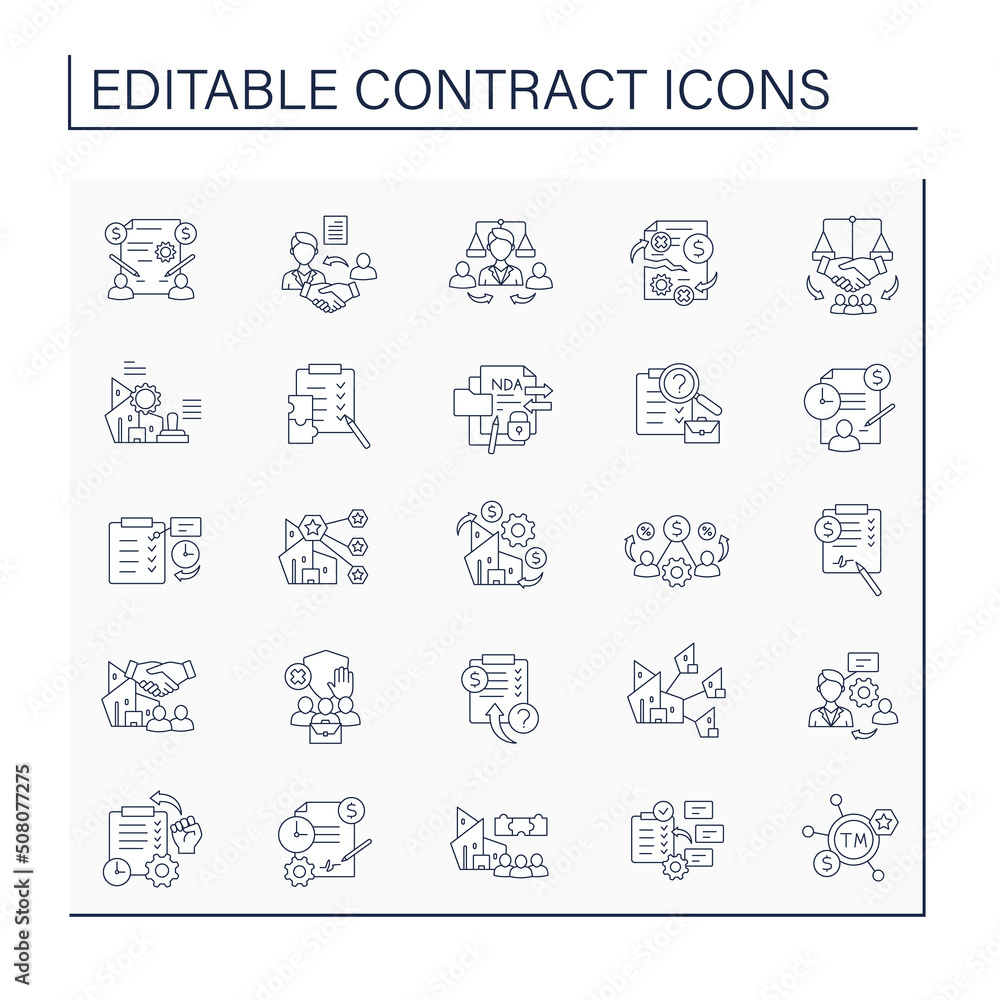 Contract line icons set.Written agreement. Legal deal with seals. Business concept. Isolated vector illustration. Editable stroke