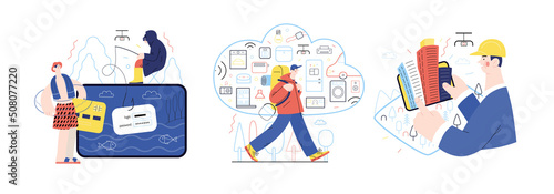 Technology Memphis illustrations -modern flat vector concept digital illustration on Physhing, Internet of Things, Augmented Reality. Creative landing web page set