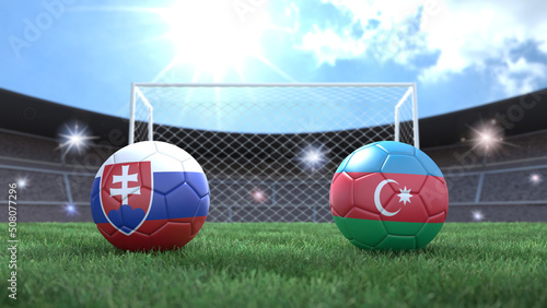 Two soccer balls in flags colors on stadium blurred background. Slovakia and Azerbaijan. 3d image
