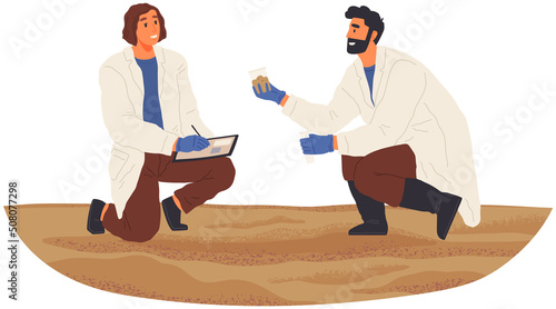 Environmentalists exploring nature, analyze soil or sand. Researchers take samples of biomaterial. Environmental and ecology research. Scientists conduct ecological experiment. Explorers investigation