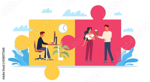 Work and personal life. Money and love choice, career or family dilemma, man in office and on date, priority in life, professional growth, two puzzle pieces, vector cartoon flat concept