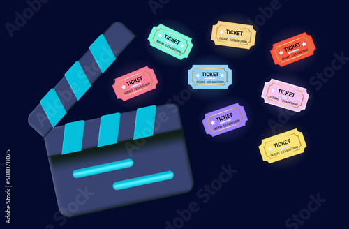 3d cinema banner, movie icon, clapperboard and movie ticket. The concept of buying a ticket for the video premiere, festival, invitation coupon with for shooting entrance access. Modern cinema art 