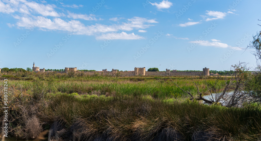 Vue de la ville royale médiévale d'Aigues mortes depuis les salins et marais salants et la nature au premier plan par une journée ensoleillée avec quelques nuages
