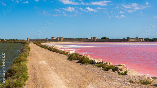 Sel en formation dans un marais salant rose du  salin d'Aigues mortes avec la ville royale médiévale à l'arrière plan par une journée ensoleillée