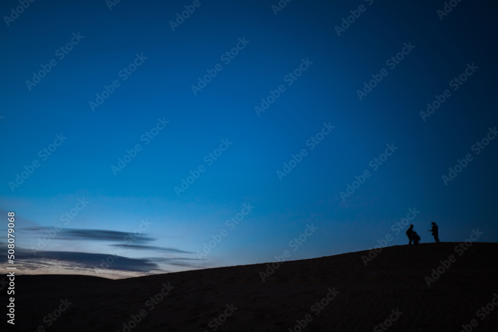 silhouette of people walking in the desert