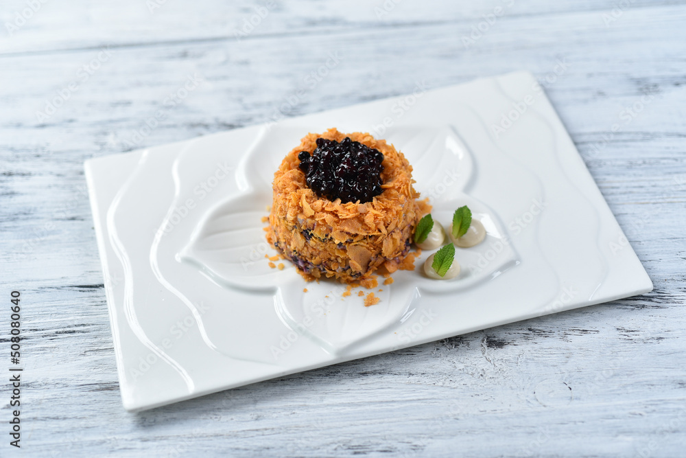 honey cake with blueberry jam, dessert and berry jam honey cake with blueberry jam, dessert and berry jam