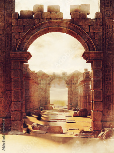 Fantasy scene with an arch in a ruined ancient Egyptian temple in the desert. 3D render.