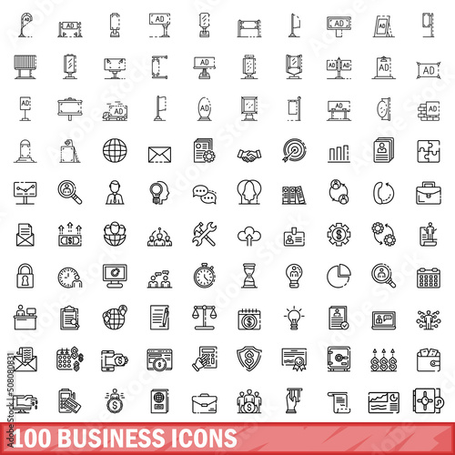 100 business icons set. Outline illustration of 100 business icons vector set isolated on white background