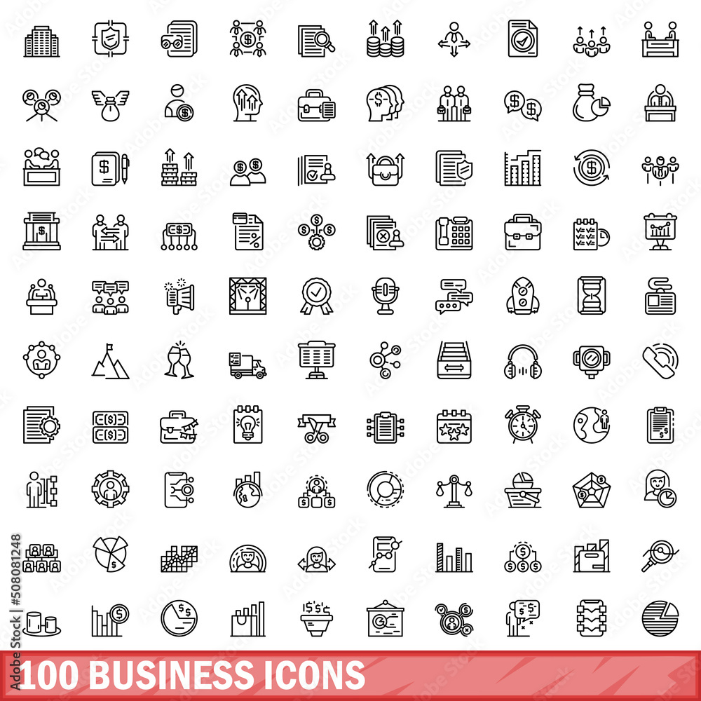 100 business icons set. Outline illustration of 100 business icons vector set isolated on white background 100 business icons set. Outline illustration of 100 business icons vector set isolated on white background