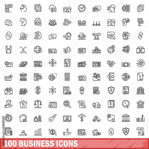 100 business icons set. Outline illustration of 100 business icons vector set isolated on white background