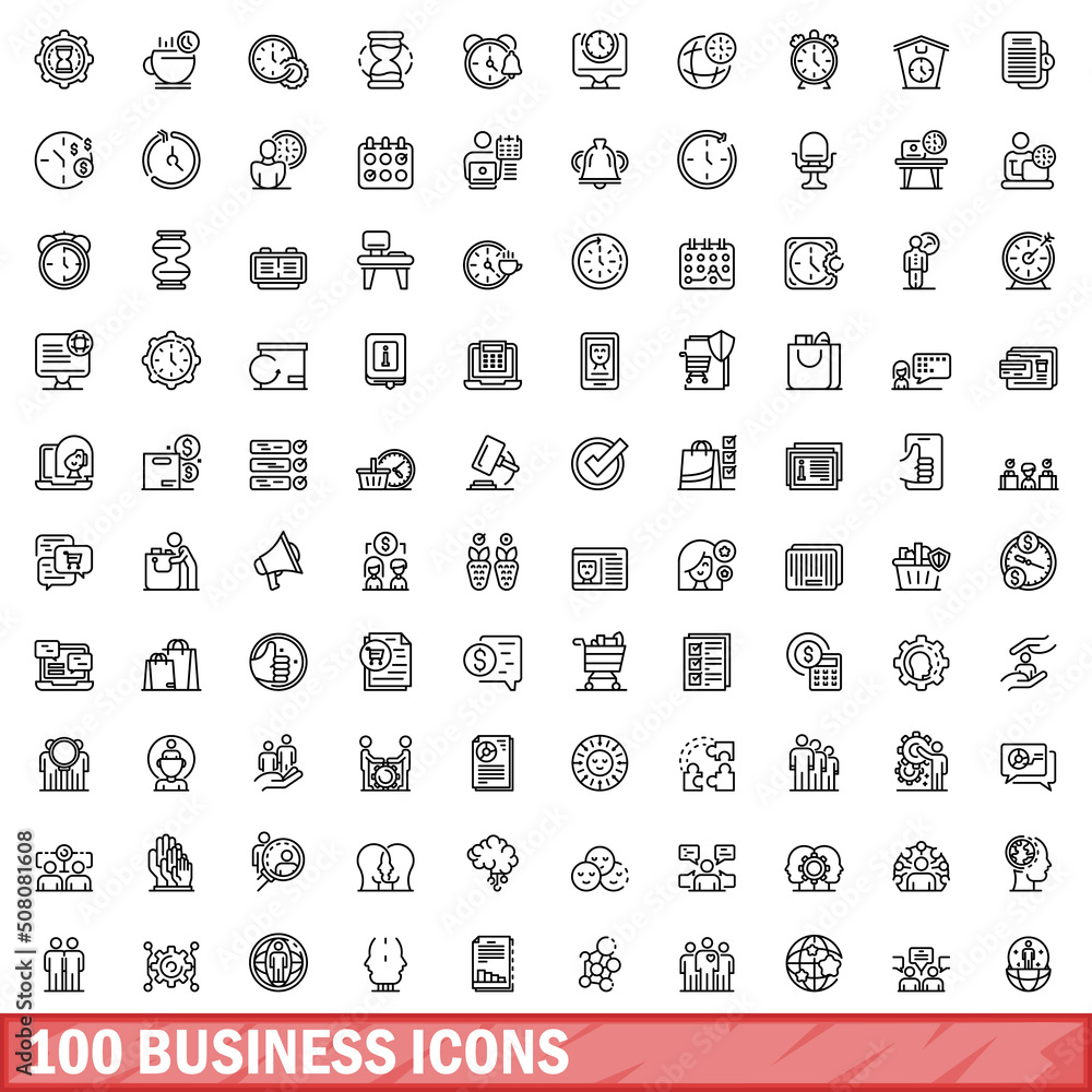 100 business icons set. Outline illustration of 100 business icons vector set isolated on white background 100 business icons set. Outline illustration of 100 business icons vector set isolated on white background