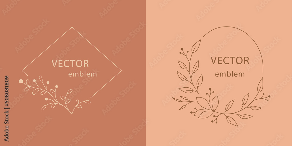 Leaf monogram set. Hand drawn ornamental frame with leaves and berries, modern floral art emblem. Minimal outline card design. Vector illustration for organic products, spa and beauty logo Leaf monogram set. Hand drawn ornamental frame with leaves and berries, modern floral art emblem. Minimal outline card design. Vector illustration for organic products, spa and beauty logo