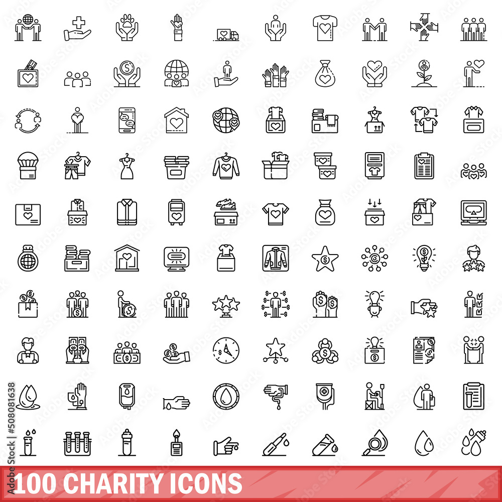 100 charity icons set. Outline illustration of 100 charity icons vector set isolated on white background 100 charity icons set. Outline illustration of 100 charity icons vector set isolated on white background