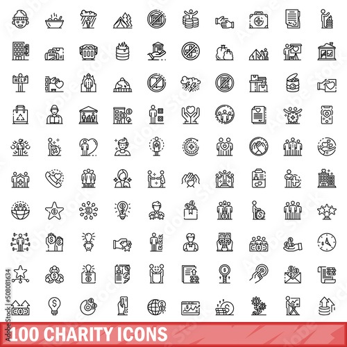 100 charity icons set. Outline illustration of 100 charity icons vector set isolated on white background
