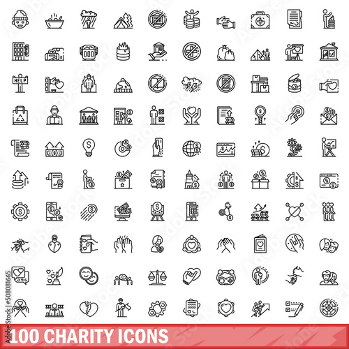 100 charity icons set. Outline illustration of 100 charity icons vector set isolated on white background