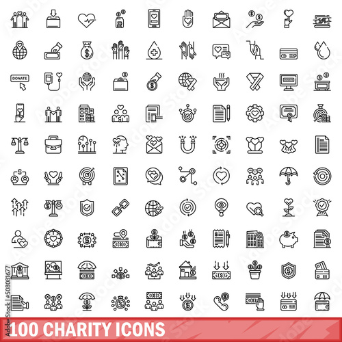 100 charity icons set. Outline illustration of 100 charity icons vector set isolated on white background