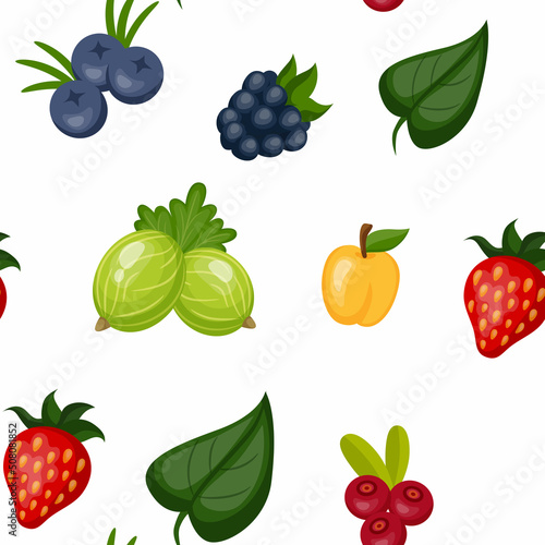 Fototapeta Naklejka Na Ścianę i Meble -  Berry pattern. Cartoon print with juicy fruits of plants and leaves. Organic background for healthy dessert and smoothie. Vintage sweet jam label. Vector natural food seamless texture