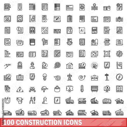 100 construction icons set. Outline illustration of 100 construction icons vector set isolated on white background
