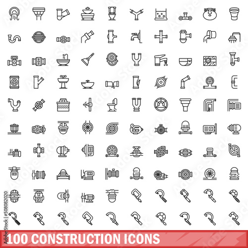 100 construction icons set. Outline illustration of 100 construction icons vector set isolated on white background