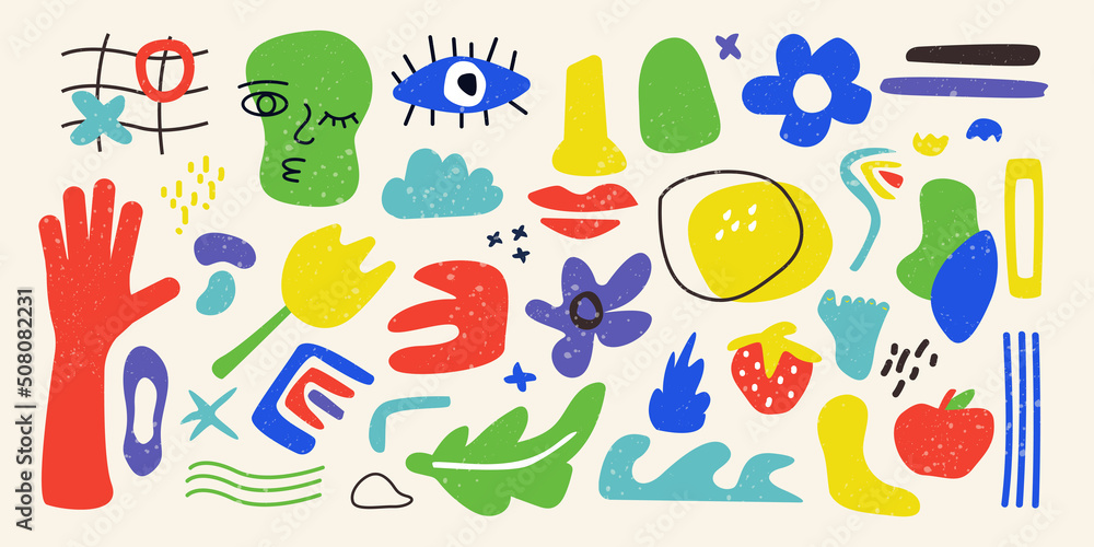 Abstract doodle shapes. Scribble flowers and blobs, creative hand drawn forms, funny face and hand. Modern geometric trendy texture. Decorative isolated elements. Vector cartoon design Abstract doodle shapes. Scribble flowers and blobs, creative hand drawn forms, funny face and hand. Modern geometric trendy texture. Decorative isolated elements. Vector cartoon design