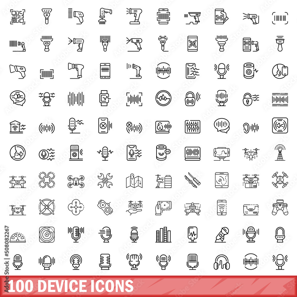 100 device icons set. Outline illustration of 100 device icons vector set isolated on white background 100 device icons set. Outline illustration of 100 device icons vector set isolated on white background