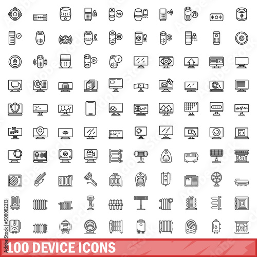100 device icons set. Outline illustration of 100 device icons vector set isolated on white background