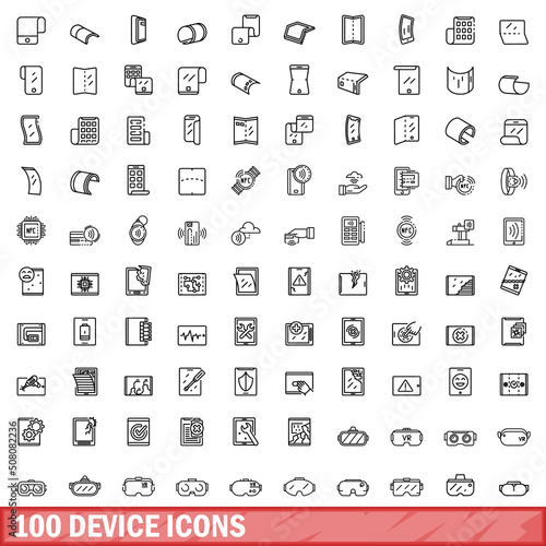 100 device icons set. Outline illustration of 100 device icons vector set isolated on white background