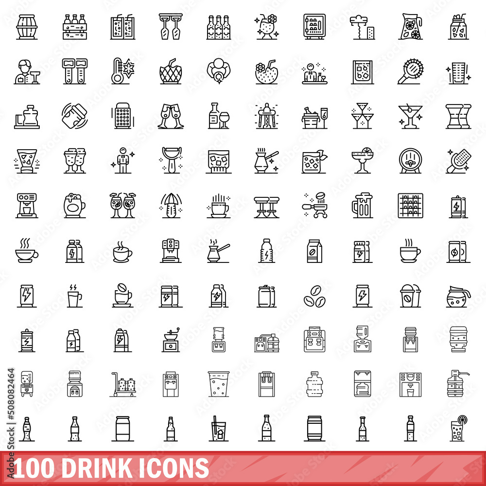 100 drink icons set. Outline illustration of 100 drink icons vector set isolated on white background 100 drink icons set. Outline illustration of 100 drink icons vector set isolated on white background