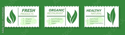 Ecology label. Sustainable organic stickers, eco healthy products. Natural bio emblems collection, fresh vegetarian food elements, vegan tag or badge with green leaves. Vector banners set