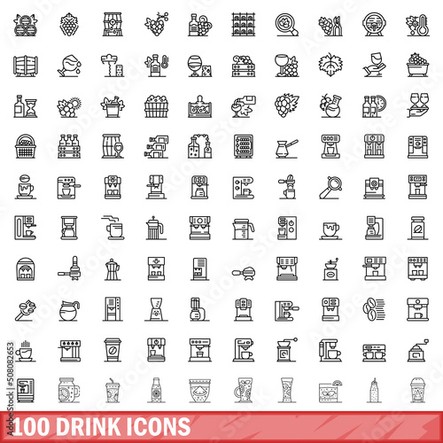 100 drink icons set. Outline illustration of 100 drink icons vector set isolated on white background