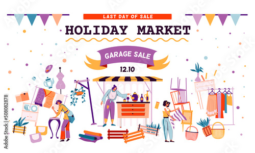Holiday market. Bazaar sale retro banner with old furniture. Second Hand store. Selling clothes and antique accessories. Weekend shopping fair. Vector garage discount trading frame poster