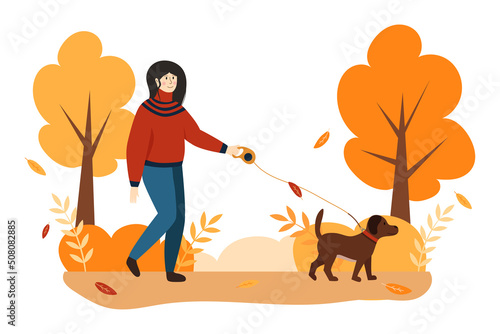 Woman walking with dog in autumn park isolated on white background. Flat style vector illustration. Domestic animal care concept