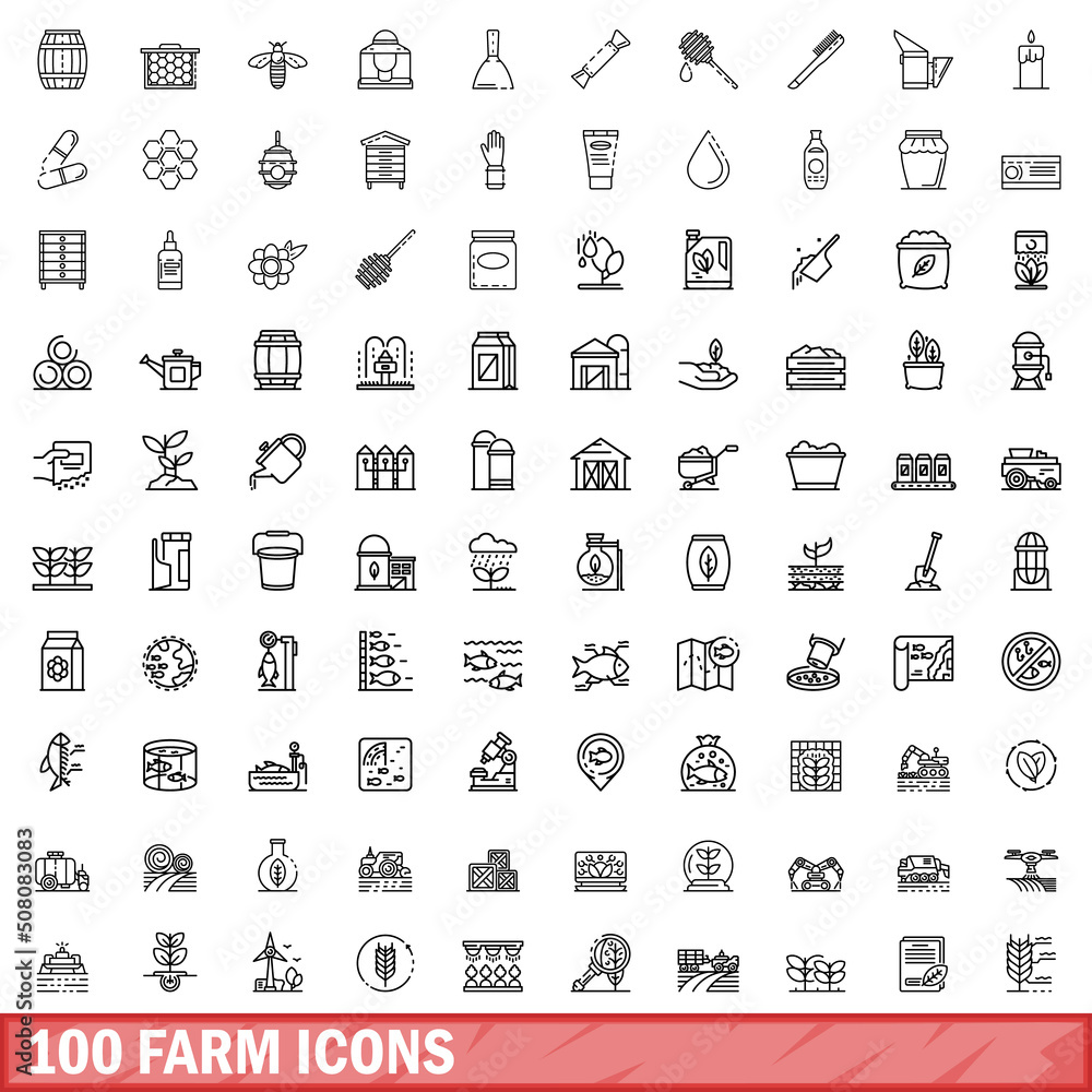 100 farm icons set. Outline illustration of 100 farm icons vector set isolated on white background 100 farm icons set. Outline illustration of 100 farm icons vector set isolated on white background
