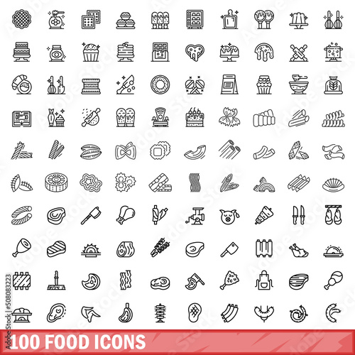 100 food icons set. Outline illustration of 100 food icons vector set isolated on white background